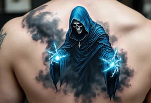 A blue-hooded Grim Reaper stepping out of a smoky gray mist with glowing white skeletal hands. tattoo idea