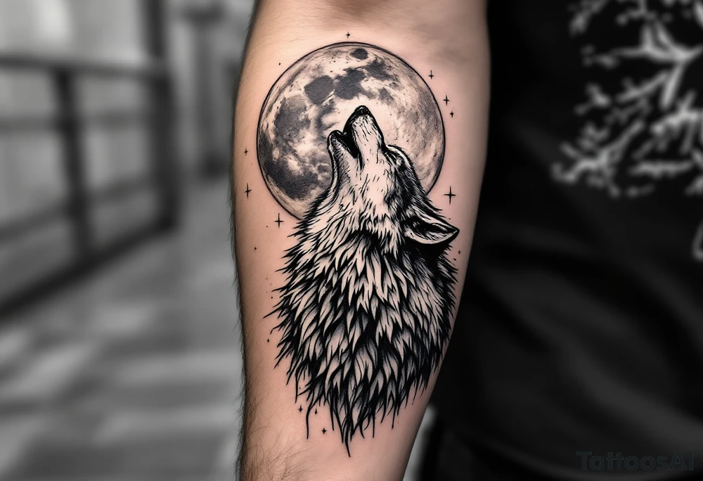 Realistic wolf howling at the moon tattoo idea