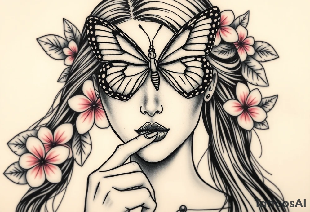 A round tgus women is beatiful pink plumeria flowers and leafs 
And as if in a garden a Womens realistic face  is looking forward and above her a butterfly is flying and the lower jalf of the butter flys wings the right end and left end covers both the womens eyes like a blind fold but only covers her forhead and two eyes you can see her cheeck bones her bose her ears and mouth she has long flowing hair thats flowing in the wind and down her back and side of her face and as her eyes are being covered by the right side and left ends of the butterflys wings she has her index finger to her lips as if telli g someone to not speak and both her hears are bleeding and the blood in running down both ears on side of her face tattoo idea