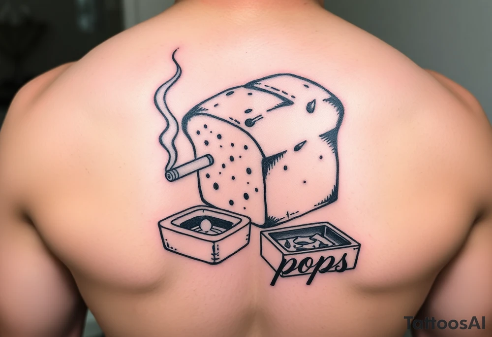 A loaf of bread smoking a cigarette with a ashtray  and pops written tattoo idea