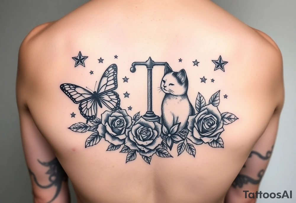 Butterflies and stars and moons and roses and the libra zodiac sign cats tattoo idea