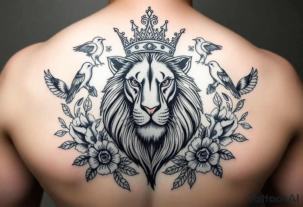 powerful majestic lion with a crown, surrounded by floral ornaments and birds tattoo idea