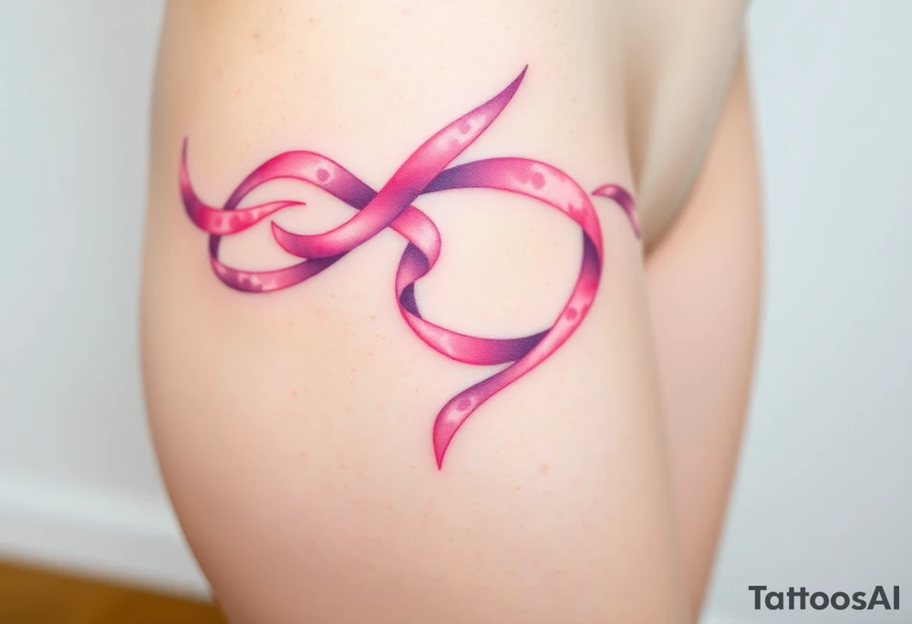 A watercolor-style garter tattoo with flowing ribbons in shades of pink and purple, blending seamlessly into the skin for a dreamy effect tattoo idea