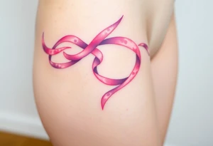 A watercolor-style garter tattoo with flowing ribbons in shades of pink and purple, blending seamlessly into the skin for a dreamy effect tattoo idea