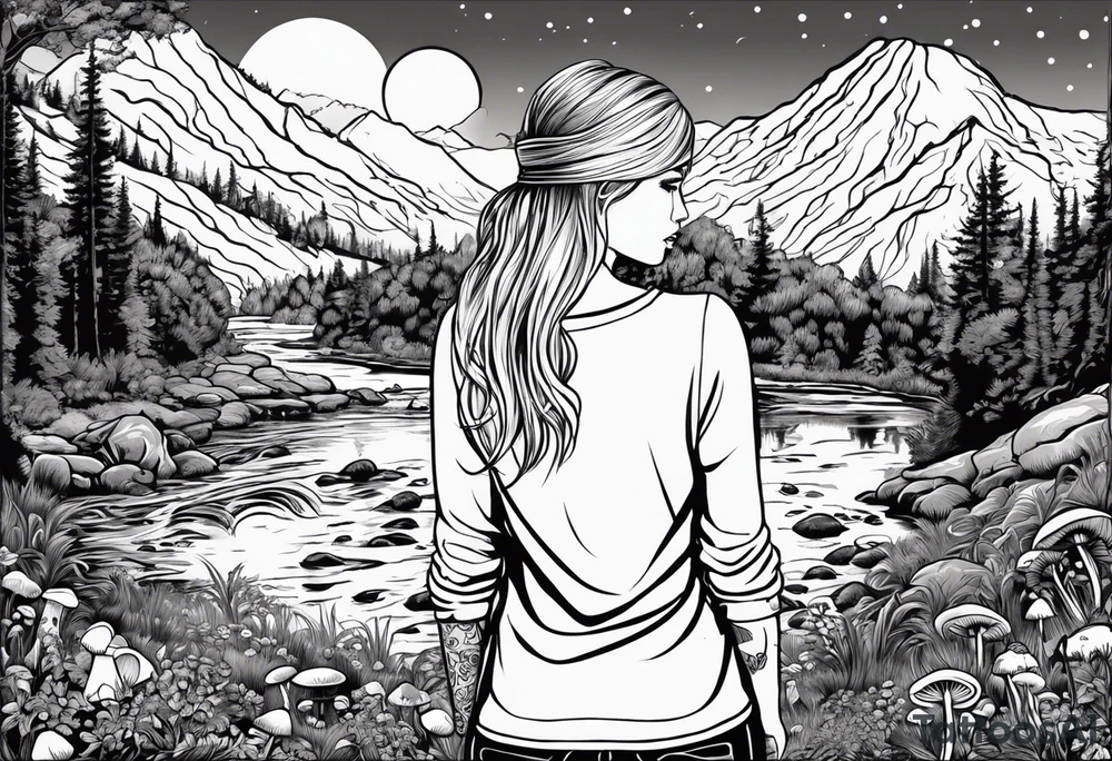 Whole picture encircled fully

Straight long blonde hair hippie girl in distance holding mushrooms in hand facing away toward mountains and creek surrounded by mushrooms long sleeve shirt and hiking pants; whole rendering within a full circle, no cut off circle tattoo idea