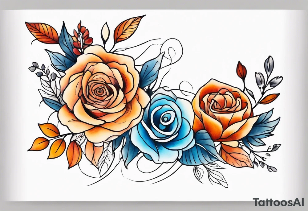 Front knee tattoo with fall colors, small flowers, rose, leaves, blue water flows with washes and background tattoo idea