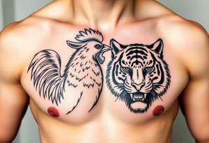 chest tattoo of dog rooster and tiger together tattoo idea
