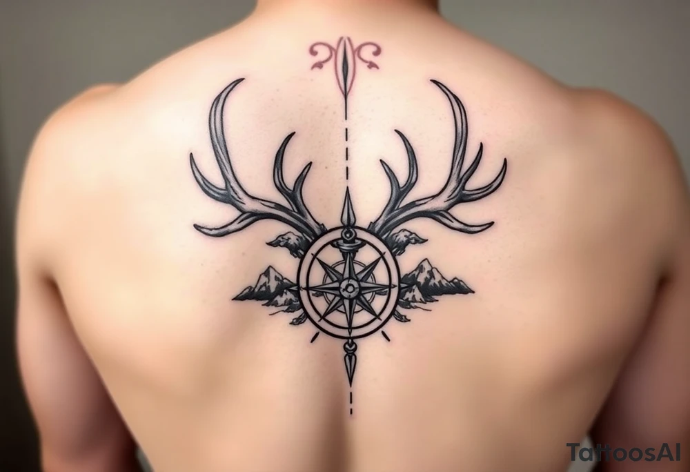 Long one line Spine tattoo 1 in wide by entire back long that goes vertically down your spine of elk and deer antlers intertwined , a compass, and mountains tattoo idea