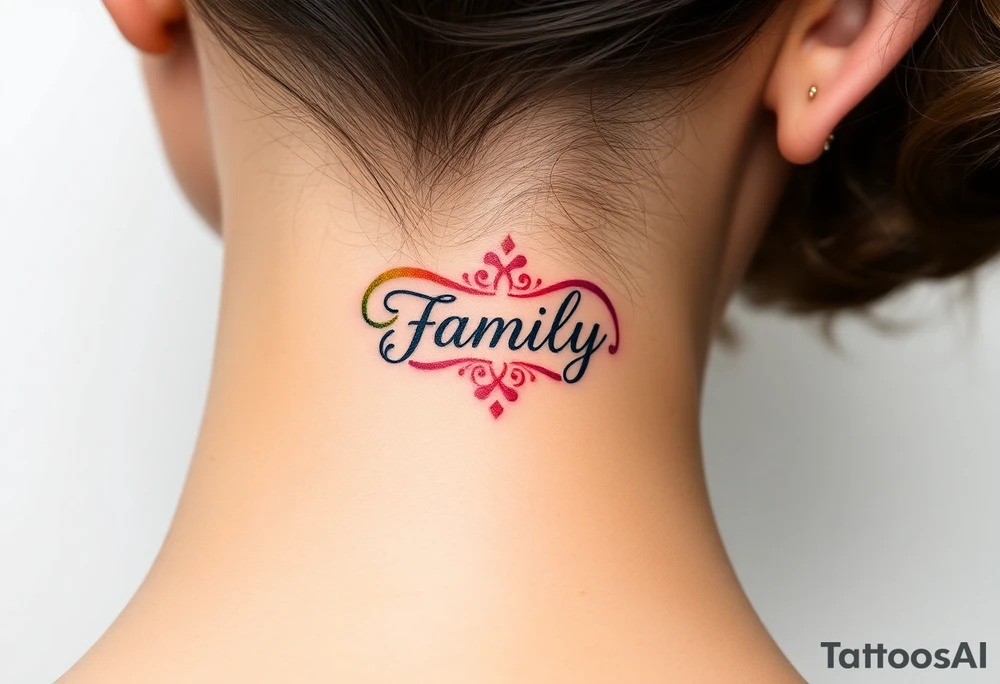 Rainbow Color infinity symbol and the word "family" engraved inside tattoo idea