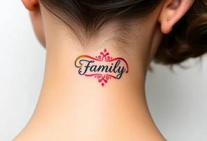 Rainbow Color infinity symbol and the word "family" engraved inside tattoo idea