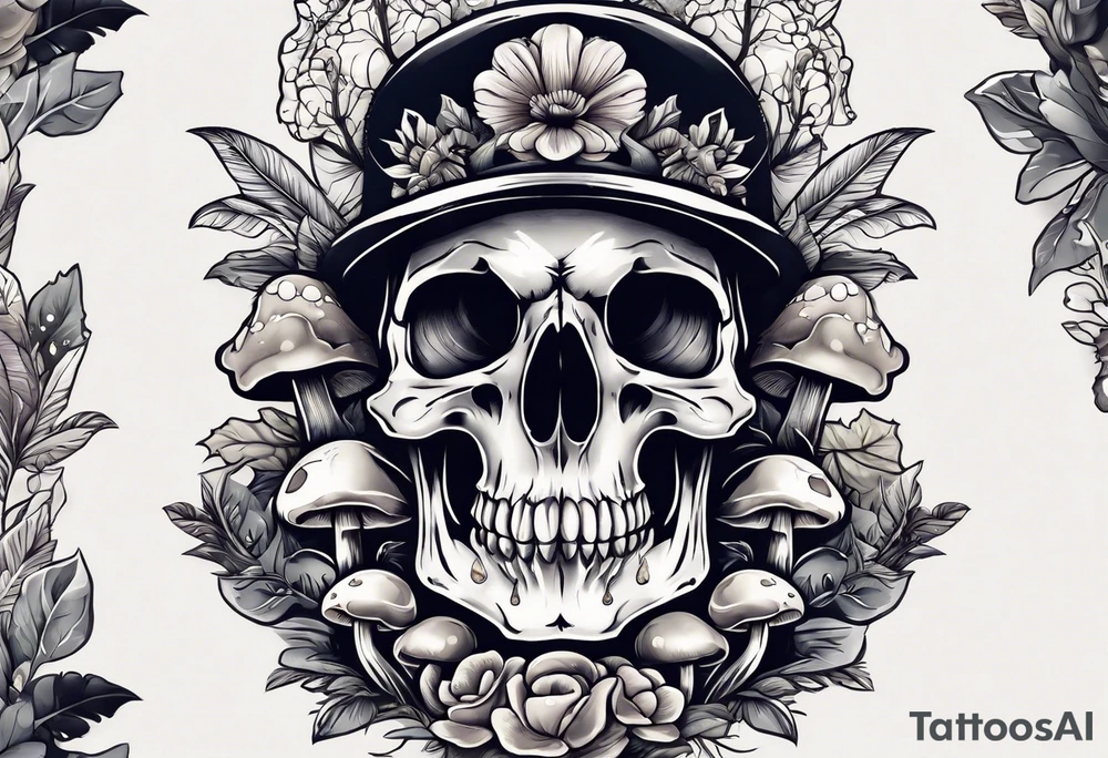 Bird skull with mushrooms and nature in the background tattoo idea
