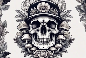 Bird skull with mushrooms and nature in the background tattoo idea