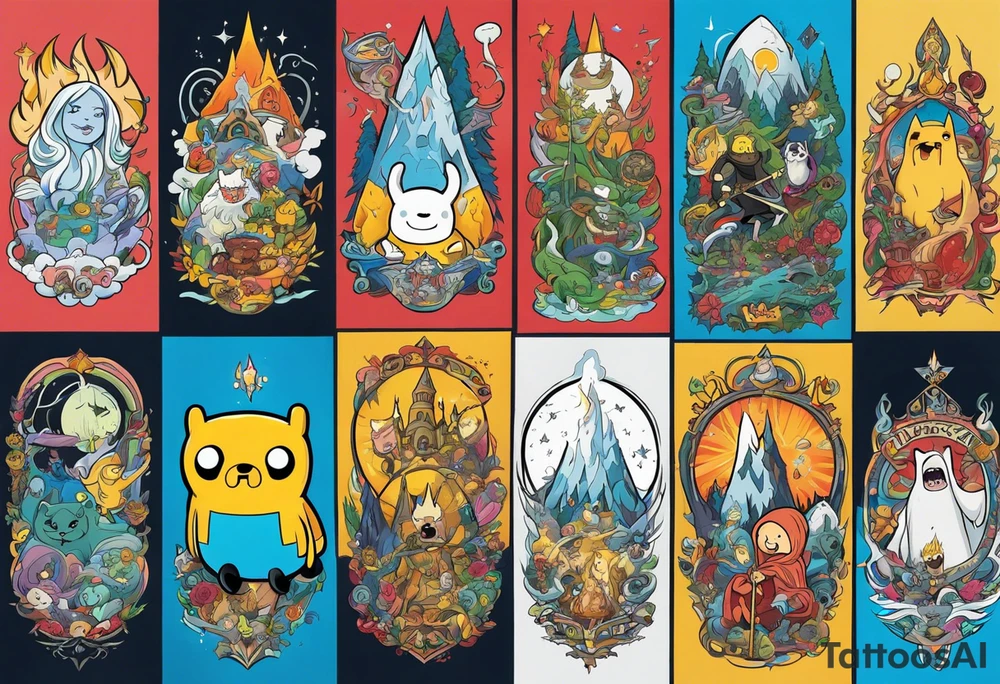 Full sleeve with adventure Time Characters, Finn, Jake, Lich King, Billy tattoo idea