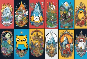 Full sleeve with adventure Time Characters, Finn, Jake, Lich King, Billy tattoo idea