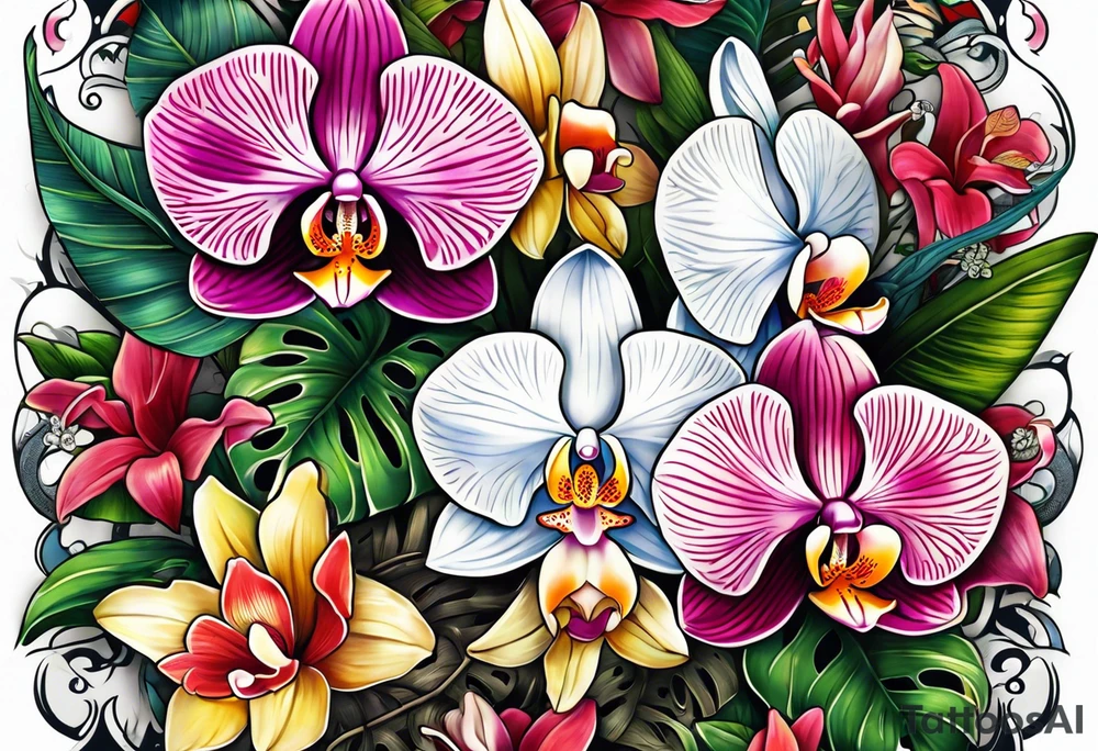 Tropical plants and orchids full sleeve tattoo idea