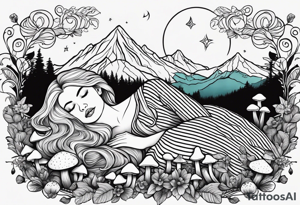 Straight blonde hair girl in black and white striped dress sleeping in a field of mushrooms with mountains s
and crescent moon mandala background tattoo idea