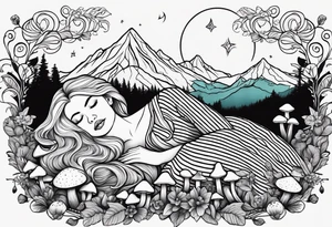 Straight blonde hair girl in black and white striped dress sleeping in a field of mushrooms with mountains s
and crescent moon mandala background tattoo idea