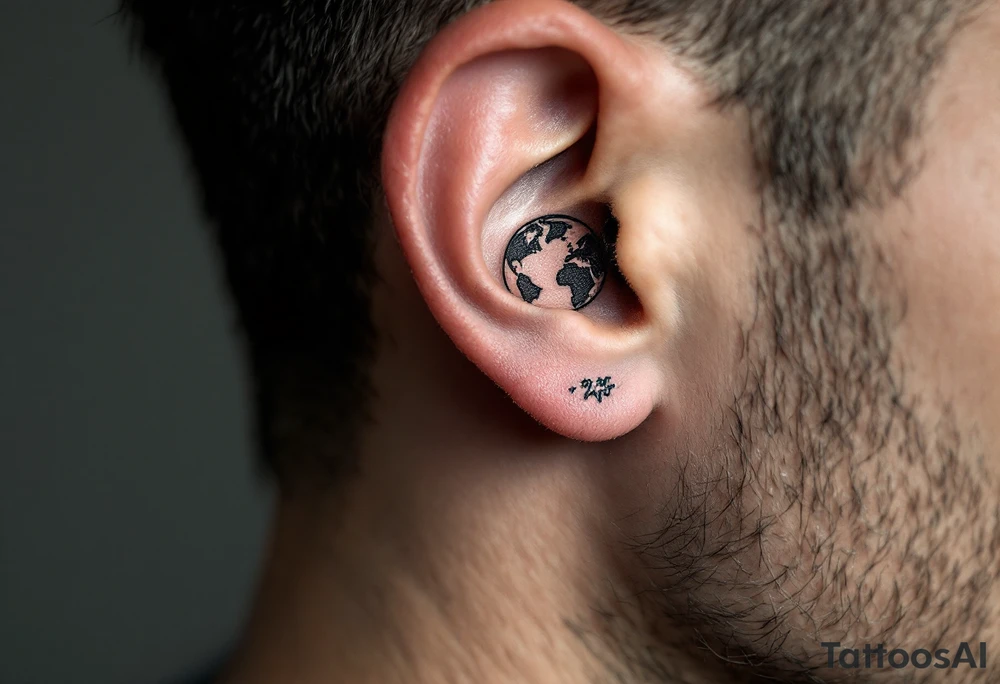 A small, minimalist Earth outlined in black with a hint of aqua and lime shading sits behind the ear. tattoo idea