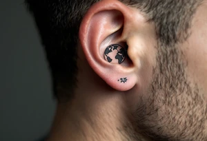 A small, minimalist Earth outlined in black with a hint of aqua and lime shading sits behind the ear. tattoo idea