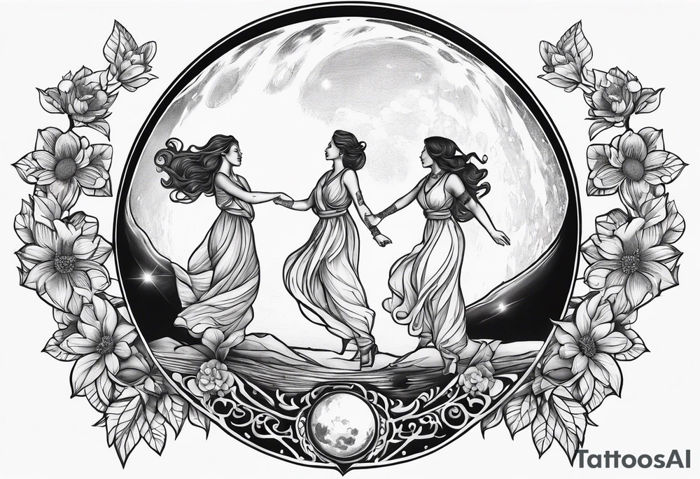 crystal ball that shows three women dancing underneath a full moon tattoo idea