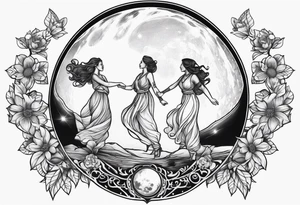 crystal ball that shows three women dancing underneath a full moon tattoo idea