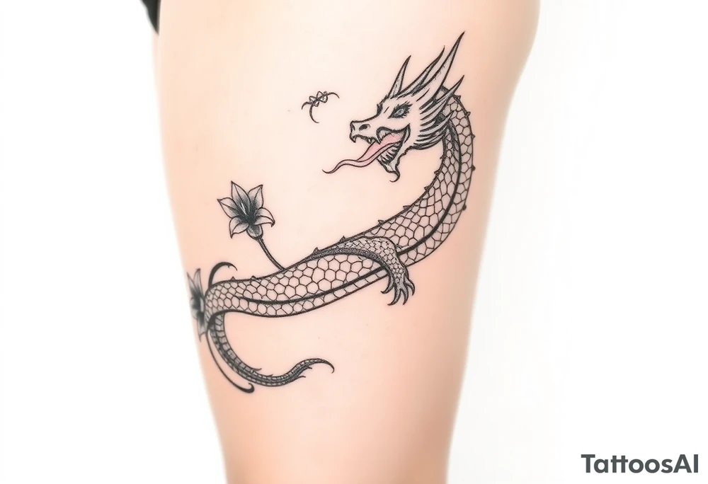 a fire-breathing dragon with some lilys on the sides tattoo idea