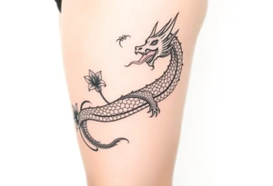 a fire-breathing dragon with some lilys on the sides tattoo idea