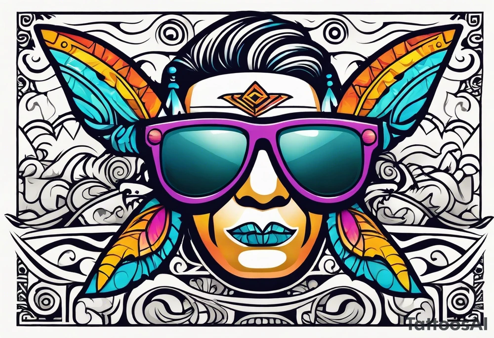 Colorful Mayan hieroglyph wearing sunglasses with waves and bats tattoo idea