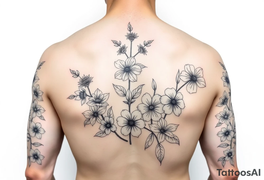 Full sleeve tattoo design of larkspur and hawthorn flowers, highly detailed line art, black ink, elegant botanical style, intertwined composition, no shading, no human mock-up, clean stencil style suitable for tattooing, fit fully within boundaries. LINE ART ONLY, REMOVE HUMAN, NO SKIN tattoo idea