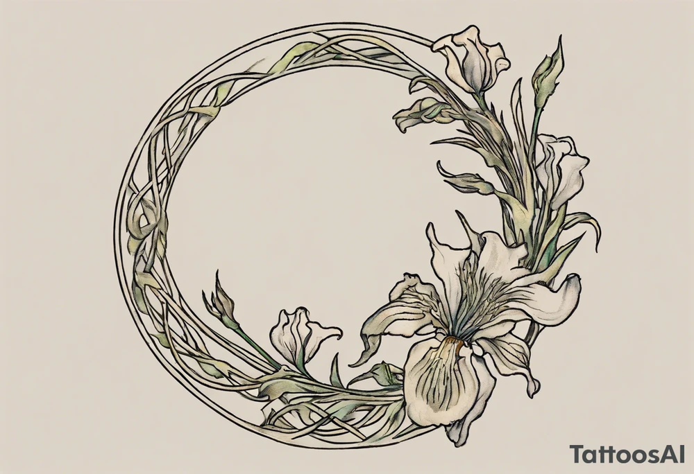 Create a small colorful Vincent van Gogh Irises tattoo in the form of a crescent, with vines or Celtic knots gracefully intertwining at a central point in the middle of the wreath.  In the middle of the wreath are mountains and other items found in New Mexico. Ensure that the design avoids the appearance of a bush and maintains a more structured and deliberate arrangement. The intended placement is on the upper chest. The overall design should be small in size while maintaining a delicate and artistic aesthetic. Pay attention to the graceful flow of the vines and the placement of the irises to achieve a refined and elegant look. tattoo idea