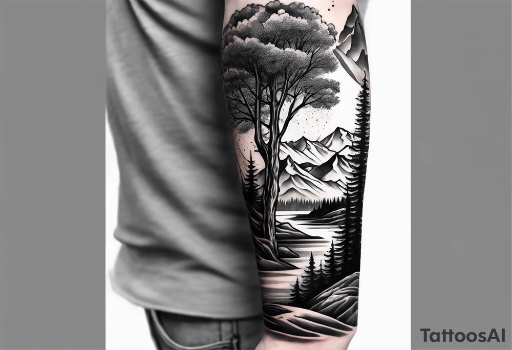 sleeve with trees, mountains and skier tattoo idea