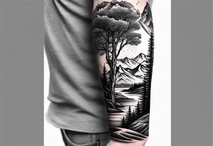 sleeve with trees, mountains and skier tattoo idea