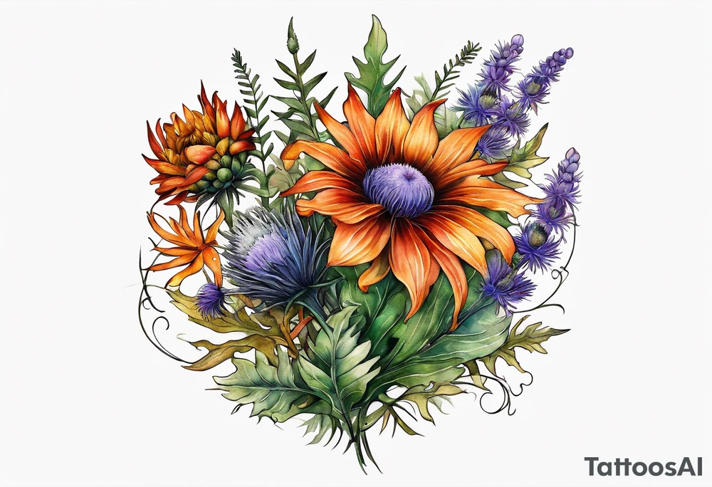 mixed wildflower bouquet with ferns, burnt orange flower, thistle and with watercolor to go along foot tattoo idea