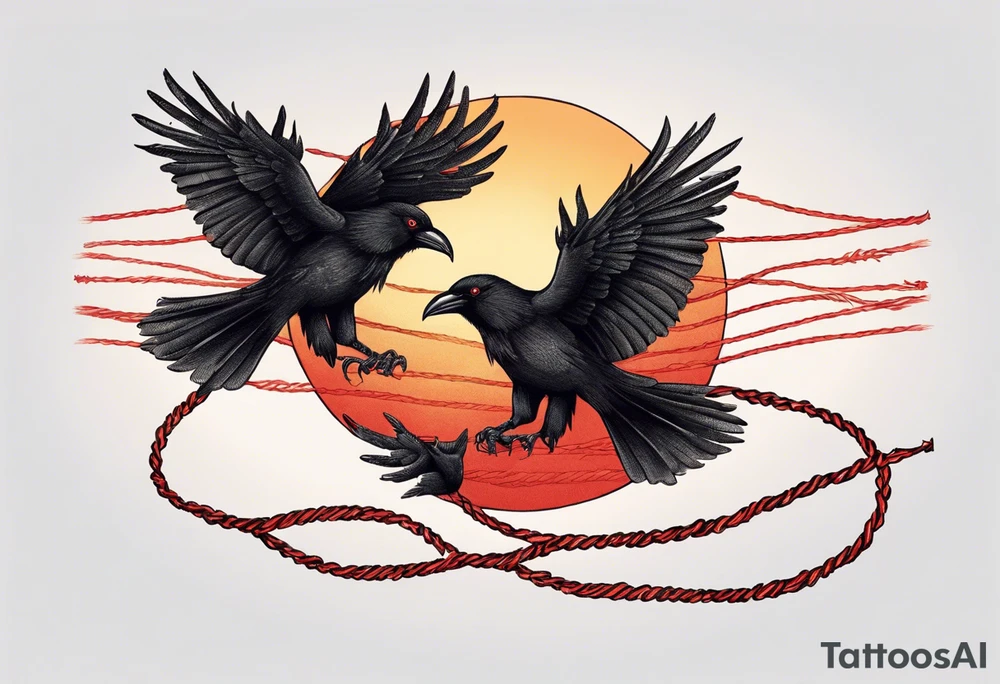 Two black crows flying into the sunset as they carry one long red string between them. tattoo idea