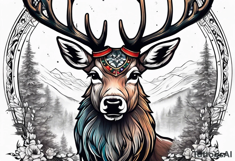 back tattoo of a front view reindeer with half the face as a skull tattoo idea