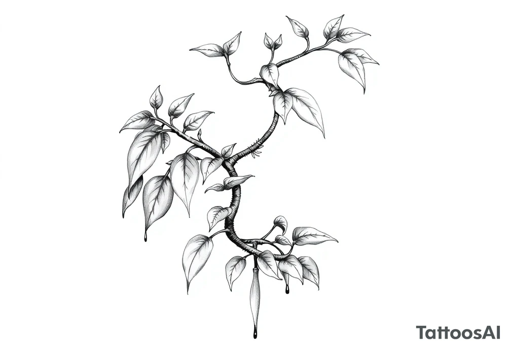 very long twisted plant with long leaves, dripping like ink, growing up under the cleavage tattoo idea