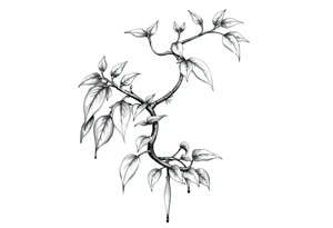 very long twisted plant with long leaves, dripping like ink, growing up under the cleavage tattoo idea