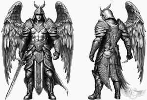 Arch angel hood fighting sword male full body heavenly armor tattoo idea