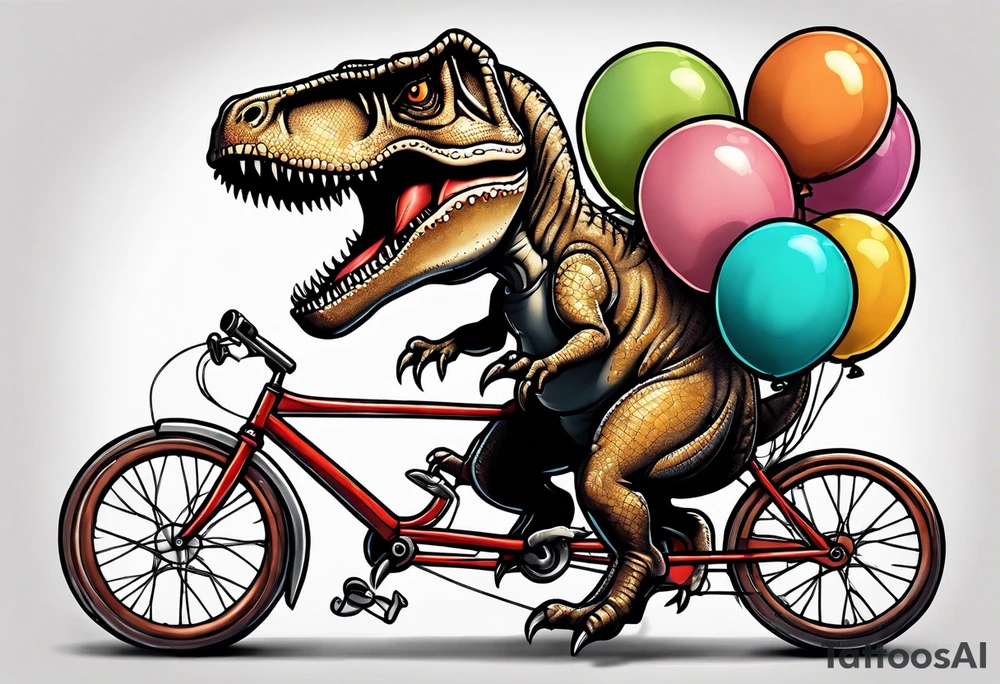 T-rex riding a bicycle holding balloons neo trad tattoo idea
