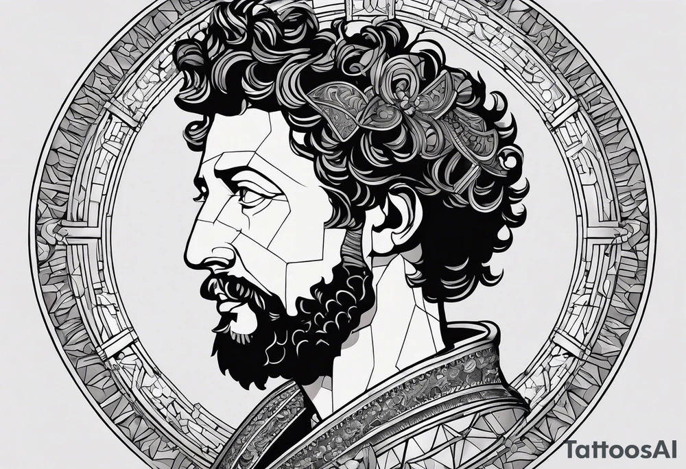 The Face of marcus aurelius with the lower left half missing. He is looking slightly away at 25 degrees. Geometric symbols framing the background tattoo idea