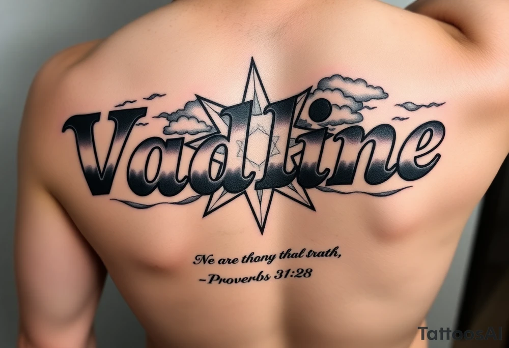 The name Vadline large print text on a human forearm in stencil format hot dog direction hyper realistic star with lots of clouds and subtext underneath is the quote proverbs 31:28 from the Bible with white highlights and shading everywhere looking freshly done and very unique tattoo idea