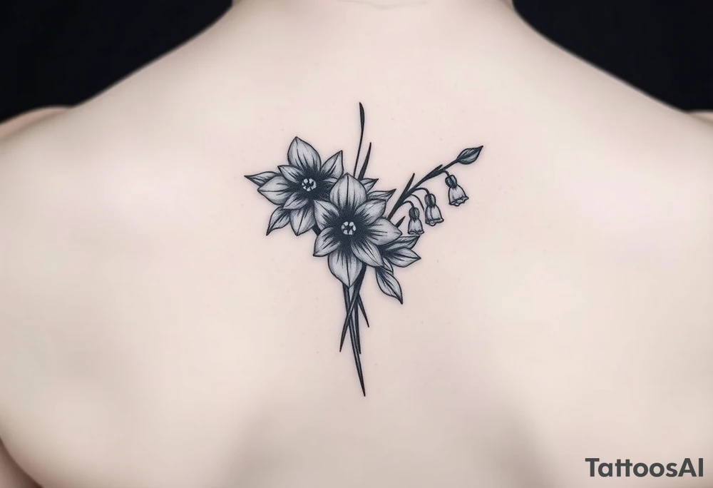 shoulder blade tattoo for women with bouquet of daffodils, daisy, lily of the valley tattoo idea