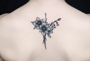 shoulder blade tattoo for women with bouquet of daffodils, daisy, lily of the valley tattoo idea