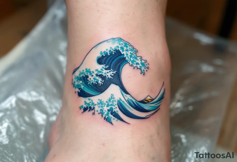 A turquoise wave crashes in delicate linework on the ankle, accented with silver highlights. tattoo idea