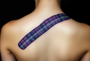 Lower chest

Dark Purple with green pink blue and white highlights tartan fabric with skin around edges peeling and wrapping around side of shoulder tattoo idea