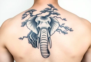 Head of an elephant with bonsai tree behind it Japanese style realistic tattoo idea