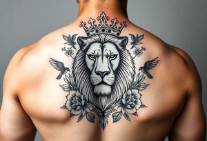 powerful majestic lion with a crown, surrounded by floral ornaments and birds tattoo idea