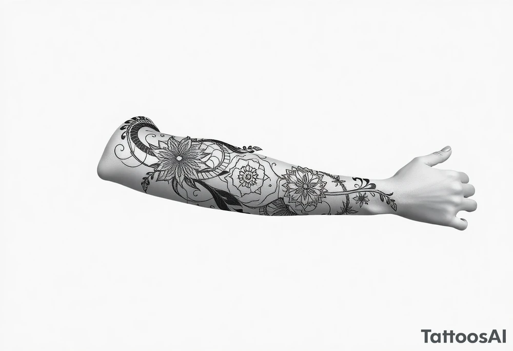 long shaman  style mytical bold line with ancient rhyme tattoo idea
