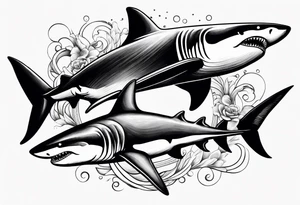 2 nautical style sharks wrapped around the knee no background tattoo idea
