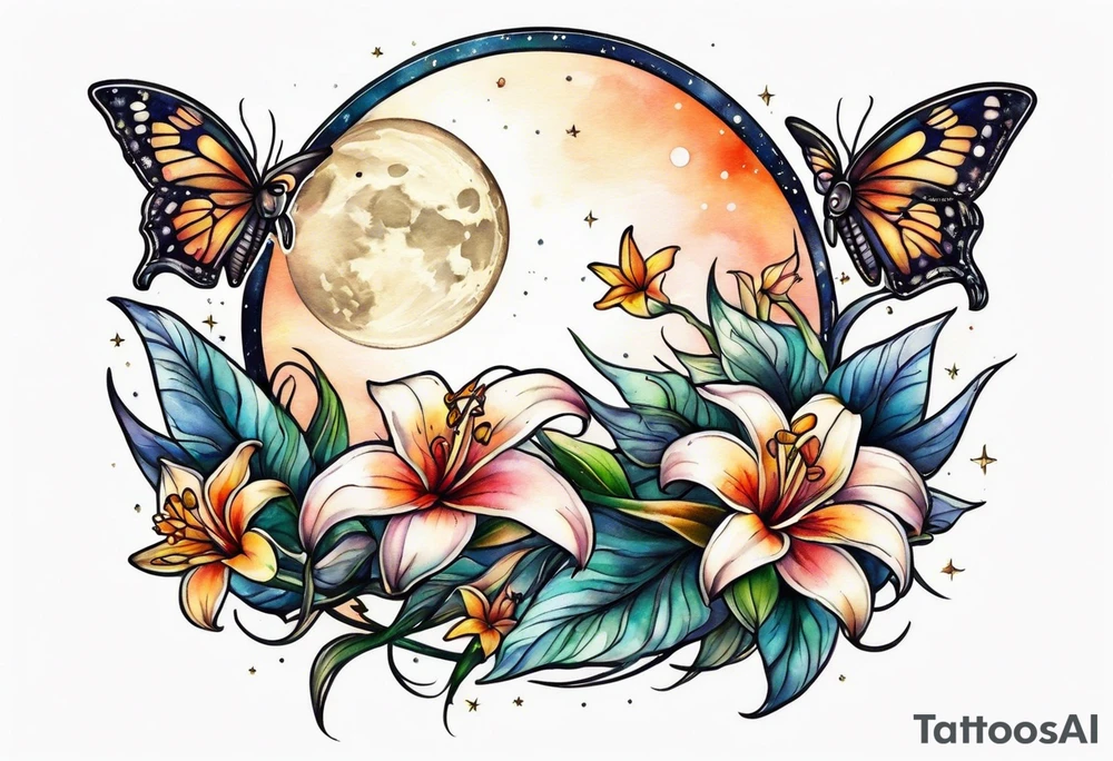 Small moon and stars with a moth and lily flowers tattoo idea